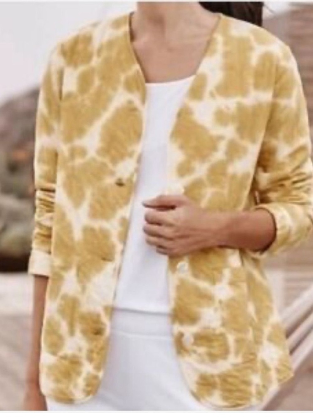 J.Jill Purejill Women's Open-Front Bomber Jacket in Mustard Tie-Dye